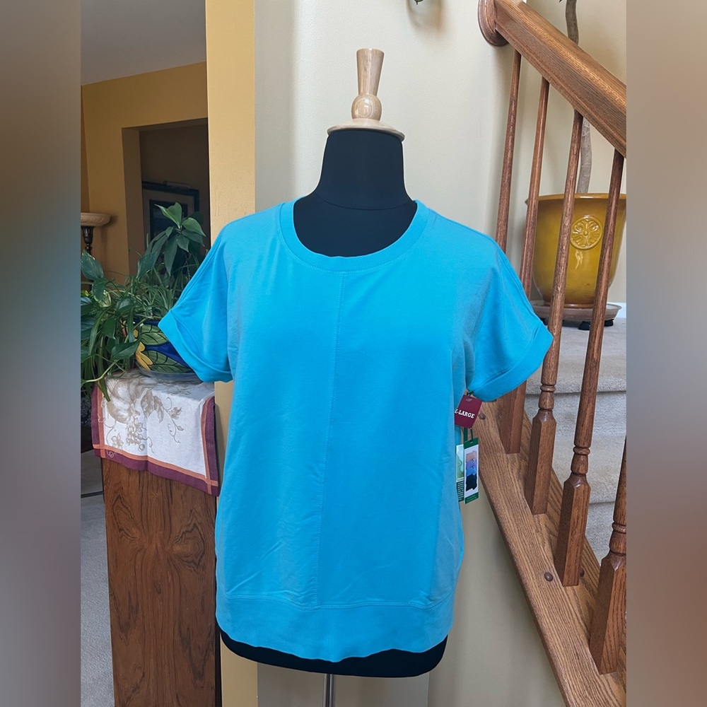 GREEN TEA Enzyme Washed Short Sleeve Top, Sz L, NWT - Lt Blue/Turquoise - Picture 2 of 6